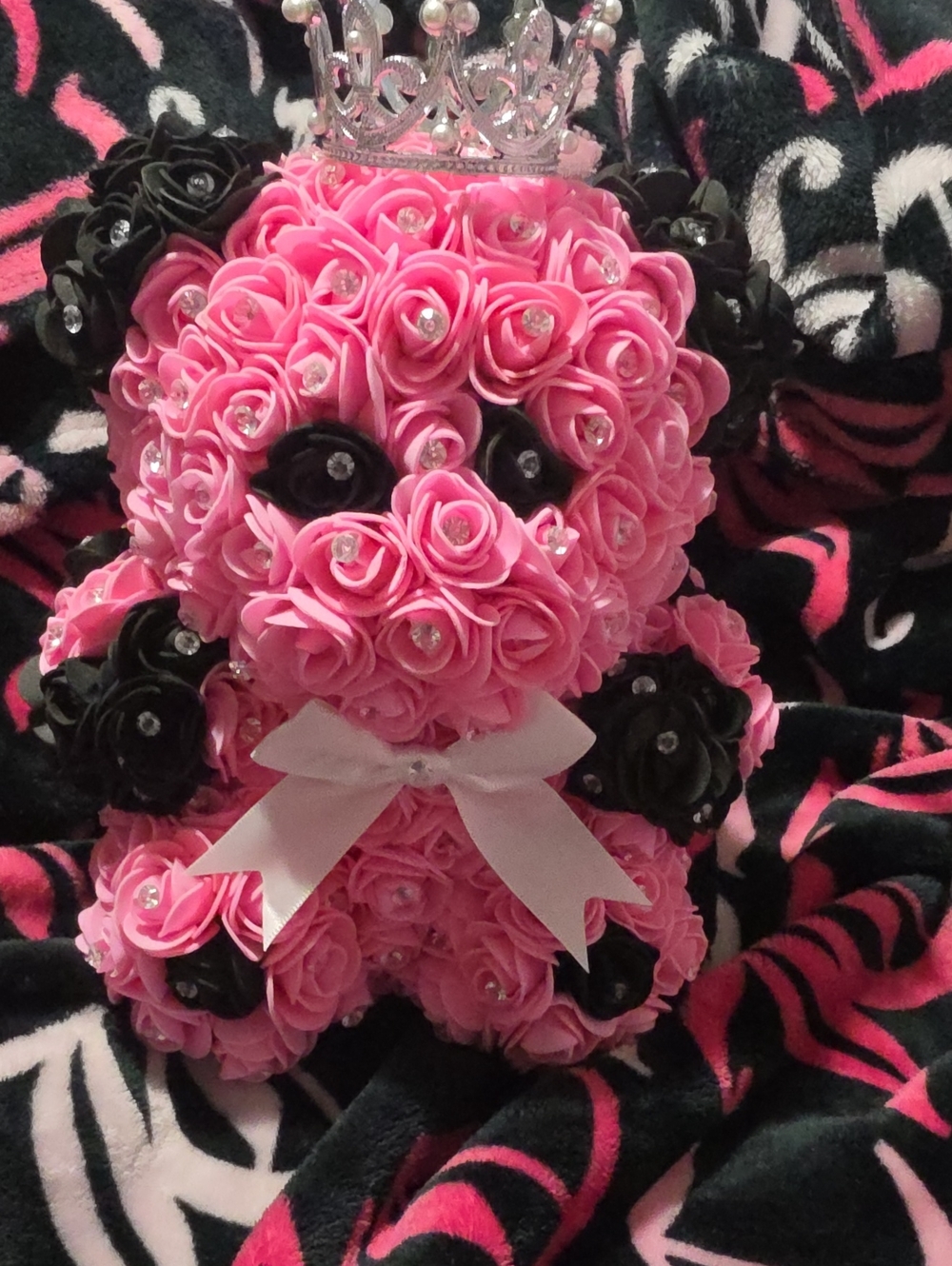 Pink Rose Bear with Black Accents and Crown
